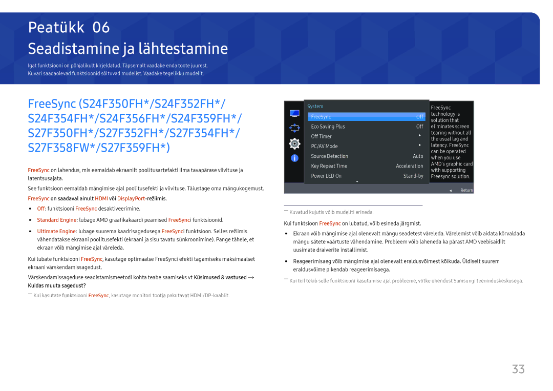 Samsung LS22F350FHUXEN manual Seadistamine ja lähtestamine, FreeSync on saadaval ainult Hdmi või DisplayPort-režiimis 