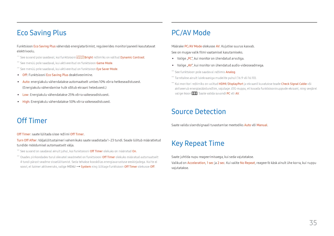 Samsung LS24F356FHUXEN, LS24F350FHUXEN manual Eco Saving Plus, Off Timer, PC/AV Mode, Source Detection, Key Repeat Time 