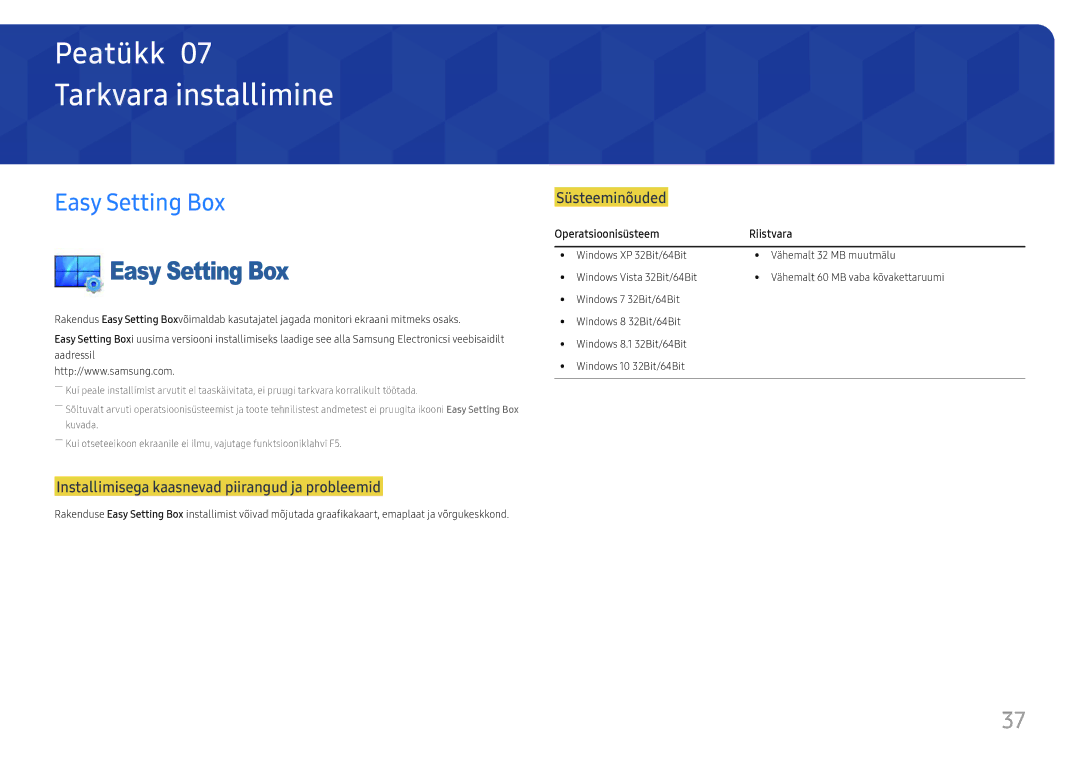 Samsung LS27F350FHUXEN, LS24F356FHUXEN manual Tarkvara installimine, Easy Setting Box, Operatsioonisüsteem Riistvara 