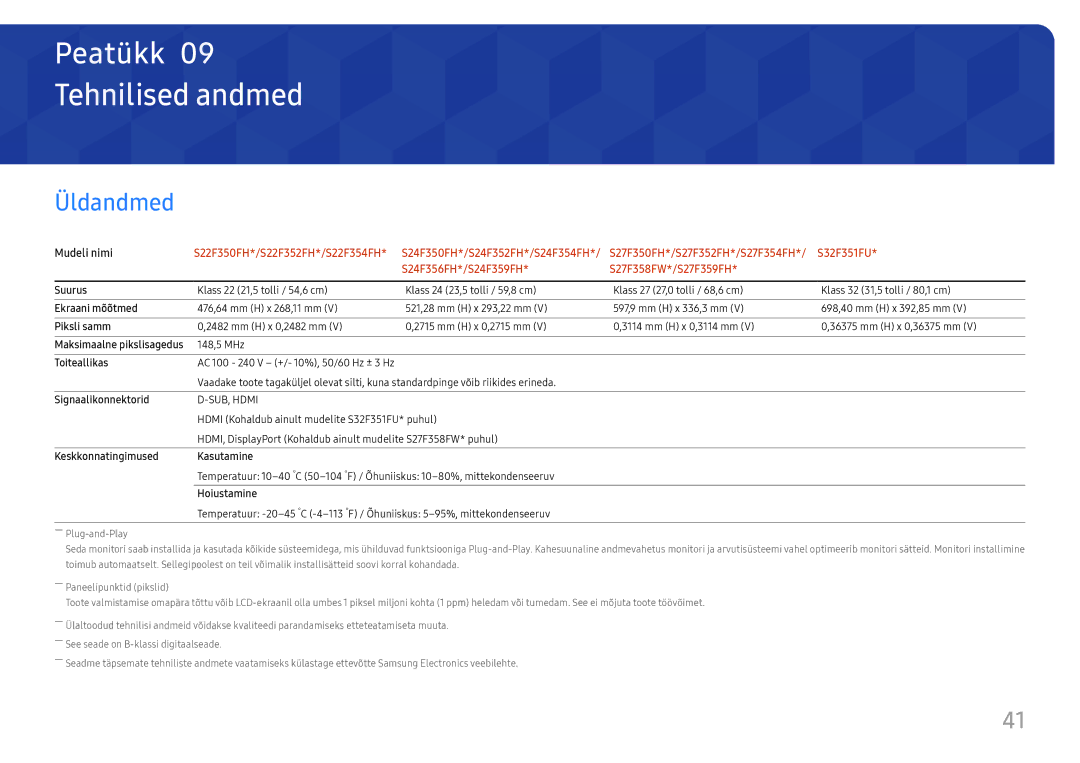 Samsung LS24F350FHUXEN, LS24F356FHUXEN, LS27F350FHUXEN, LS22F350FHUXEN, LS32F351FUUXEN manual Tehnilised andmed, Üldandmed 