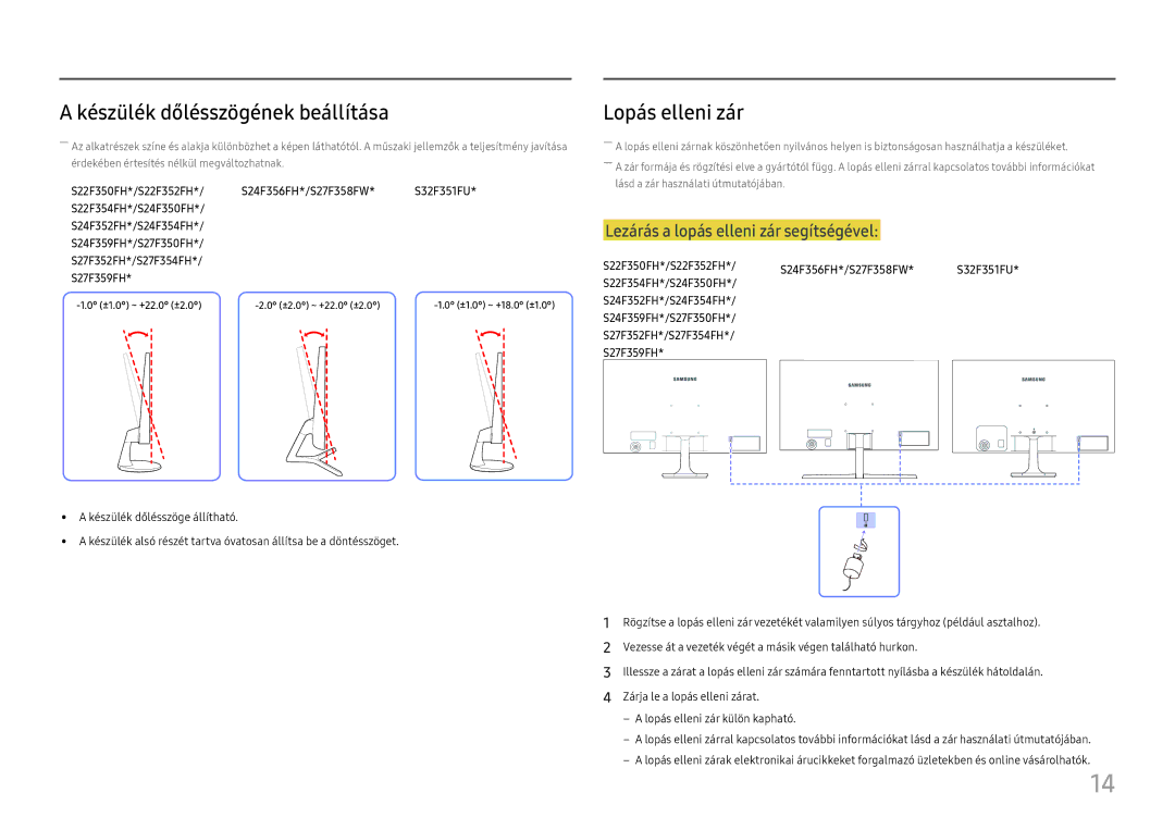 Samsung LS27F350FHUXEN, LS24F356FHUXEN, LS24F350FHUXEN, LS22F350FHUXEN Készülék dőlésszögének beállítása, Lopás elleni zár 