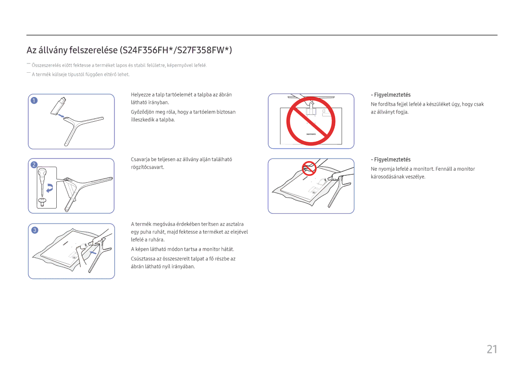 Samsung LS22F350FHUXEN, LS24F356FHUXEN, LS24F350FHUXEN manual Az állvány felszerelése S24F356FH*/S27F358FW, Figyelmeztetés 