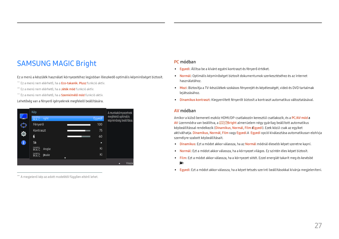 Samsung LS22F350FHUXEN, LS24F356FHUXEN, LS24F350FHUXEN, LS27F350FHUXEN manual Képernyő beállítása, Samsung Magic Bright 