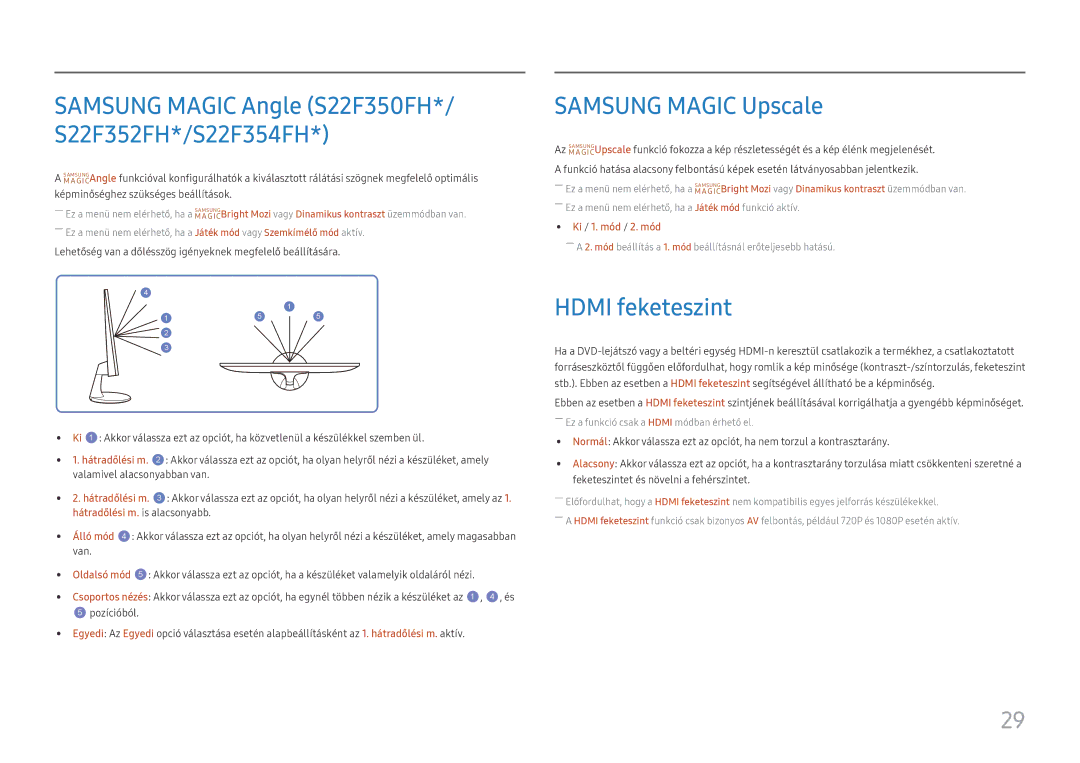 Samsung LS27F358FWUXEN, LS24F356FHUXEN, LS24F350FHUXEN, LS27F350FHUXEN manual Samsung Magic Upscale, Hdmi feketeszint 