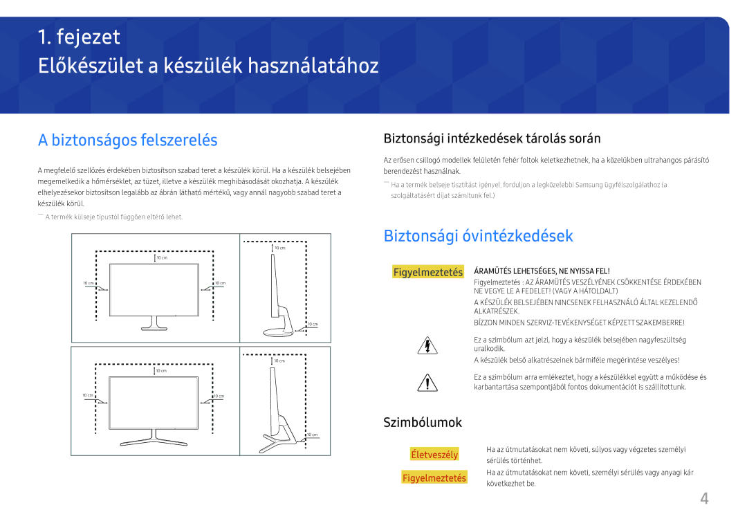 Samsung LS32F351FUUXEN manual Előkészület a készülék használatához, Biztonságos felszerelés, Biztonsági óvintézkedések 