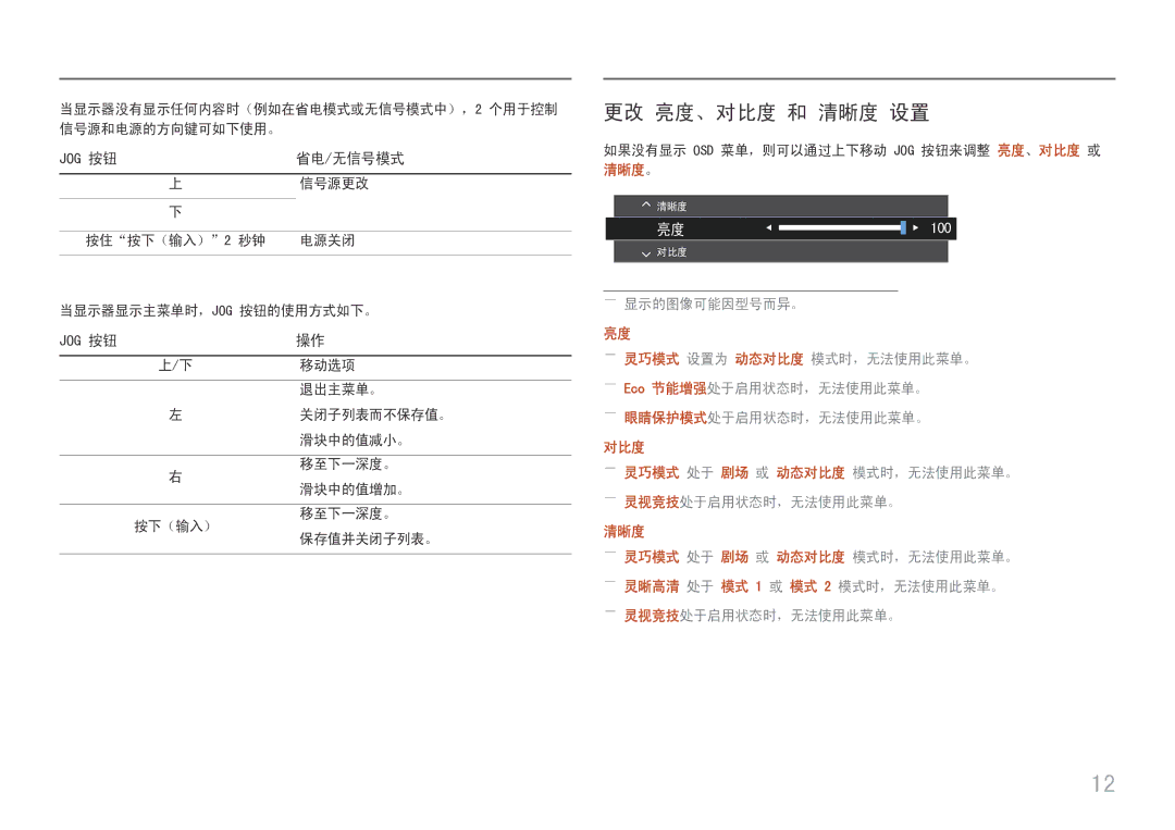 Samsung LS24F356FHUXEN, LS24F350FHUXEN, LS27F350FHUXEN, LS22F350FHUXEN manual 更改 亮度、对比度 和 清晰度 设置, 省电/无信号模式, ――显示的图像可能因型号而异。 