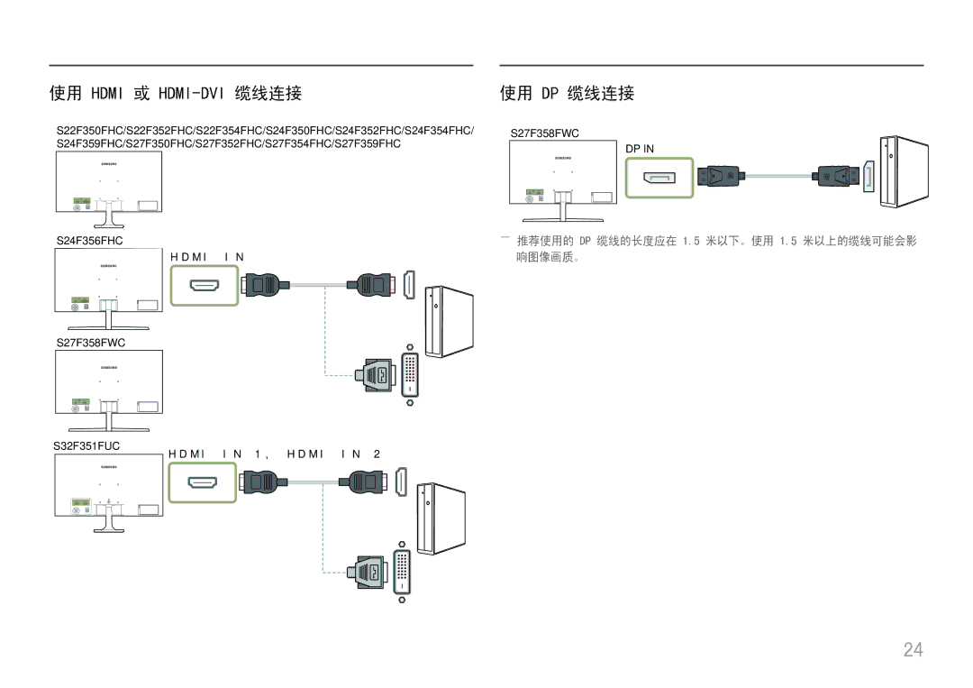 Samsung LS24F356FHUXEN, LS24F350FHUXEN, LS27F350FHUXEN manual 使用 Dp 缆线连接, ――推荐使用的 DP 缆线的长度应在 1.5 米以下。使用 1.5 米以上的缆线可能会影 响图像画质。 