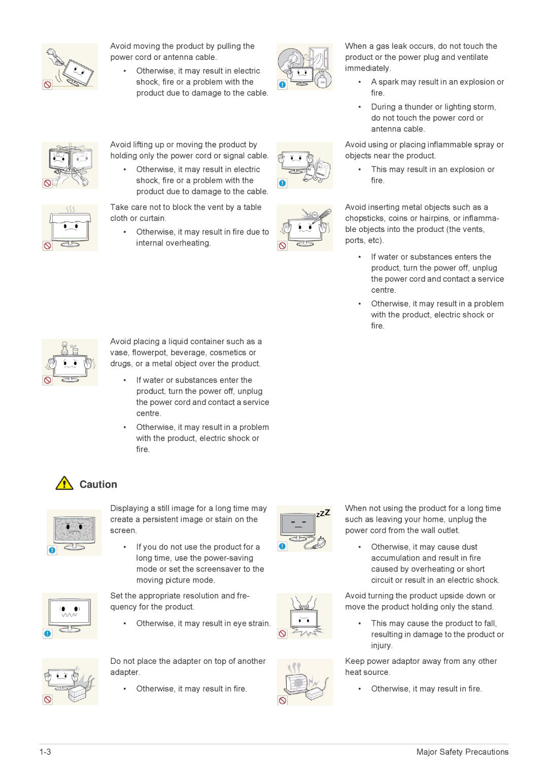 Samsung LS24F9DSM/XE, LS24F9DSM/EN, LS24F9DSME/EN manual Major Safety Precautions 