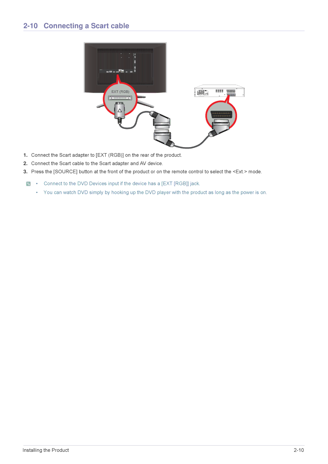 Samsung LS24F9DSM/EN, LS24F9DSME/EN, LS24F9DSM/XE manual Connecting a Scart cable 