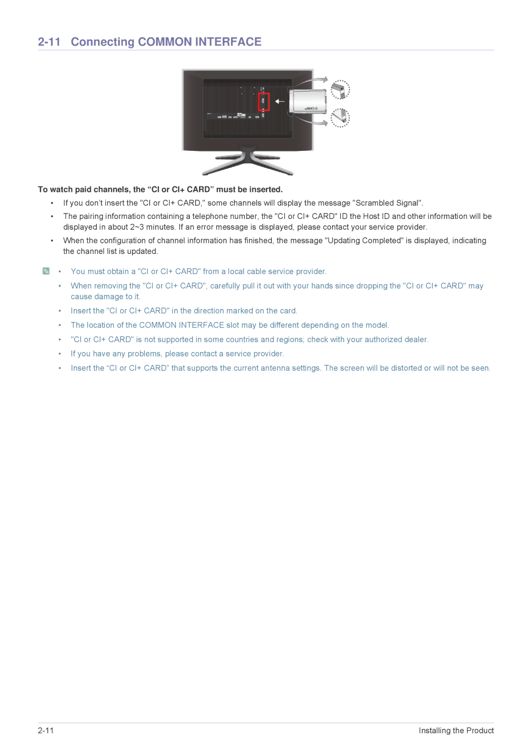 Samsung LS24F9DSME/EN manual Connecting Common Interface, To watch paid channels, the CI or CI+ Card must be inserted 