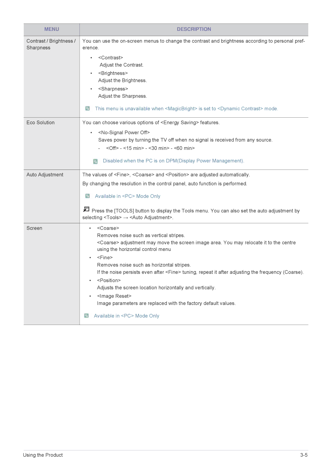 Samsung LS24F9DSM/XE, LS24F9DSM/EN manual Disabled when the PC is on DPMDisplay Power Management, Available in PC Mode Only 