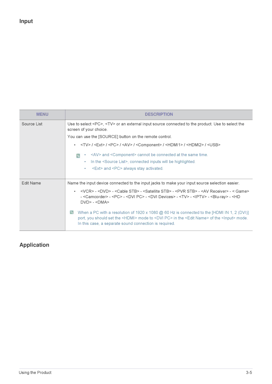 Samsung LS24F9DSM/EN, LS24F9DSME/EN, LS24F9DSM/XE manual Input, Application 