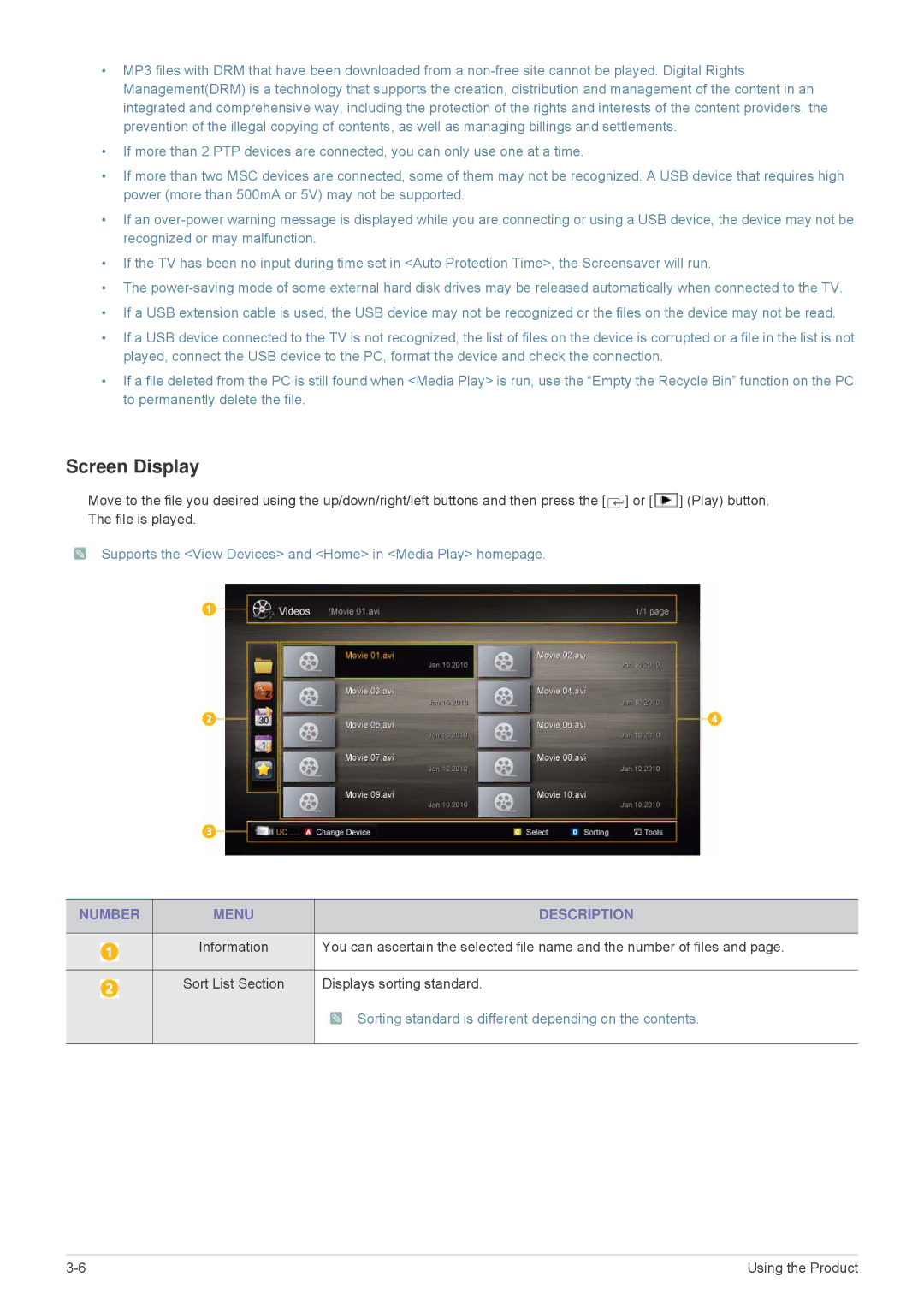 Samsung LS24F9DSM/XE Screen Display, Supports the View Devices and Home in Media Play homepage, Number Menu Description 