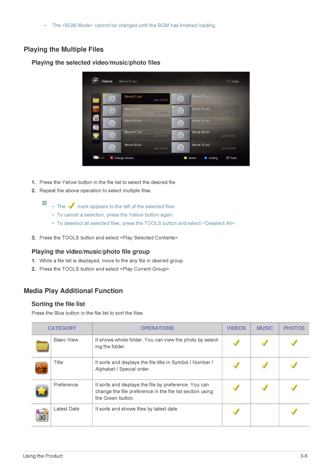 Samsung LS24F9DSME/EN Playing the Multiple Files, Media Play Additional Function, Playing the video/music/photo file group 