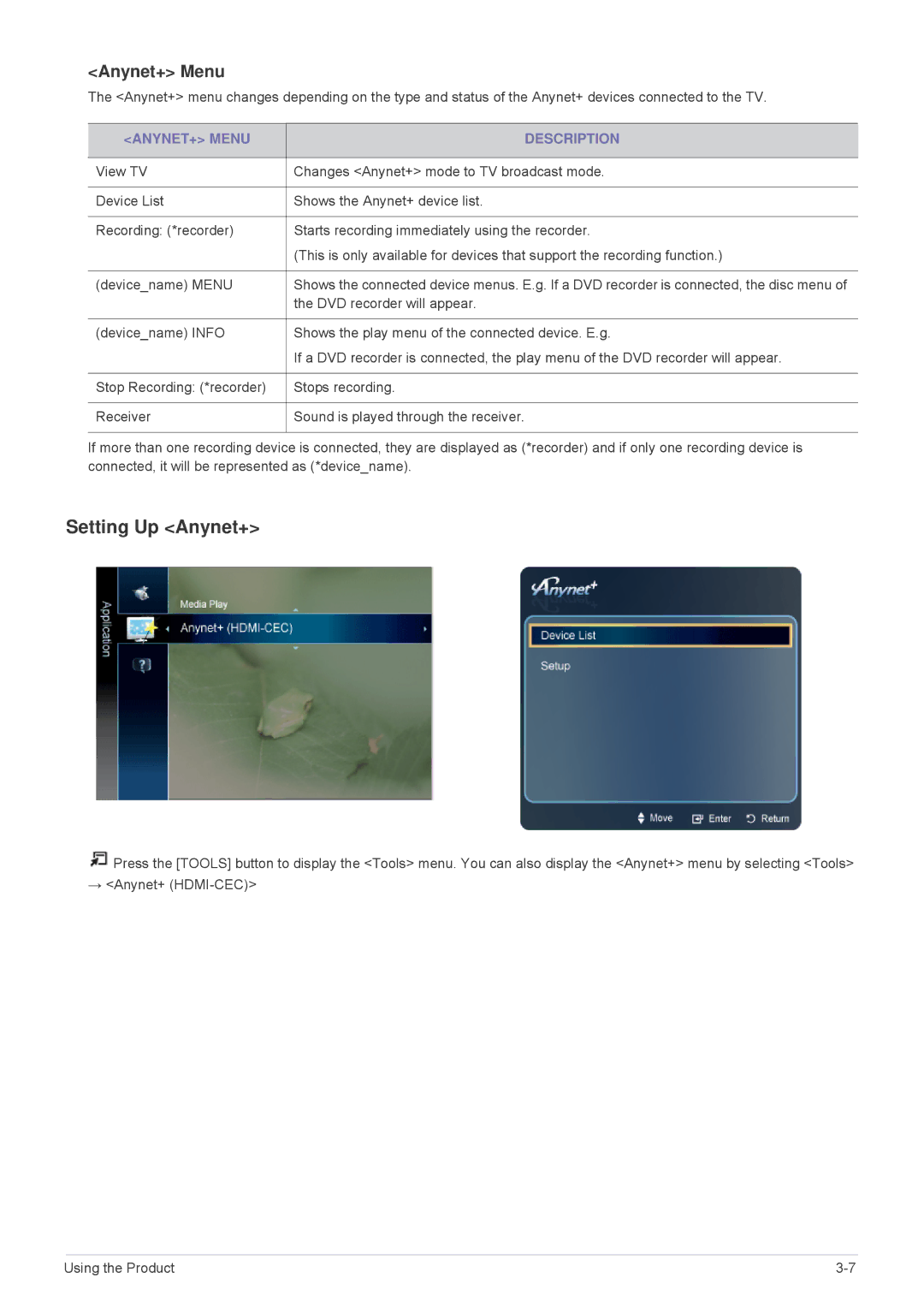 Samsung LS24F9DSM/XE, LS24F9DSM/EN, LS24F9DSME/EN manual Setting Up Anynet+, Anynet+ Menu, ANYNET+ Menu Description 