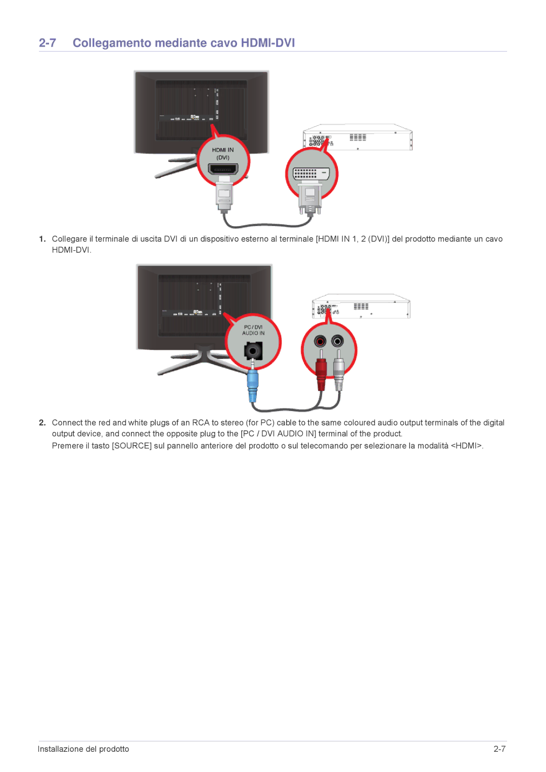 Samsung LS24F9DSM/EN, LS24F9DSME/EN manual Collegamento mediante cavo HDMI-DVI 