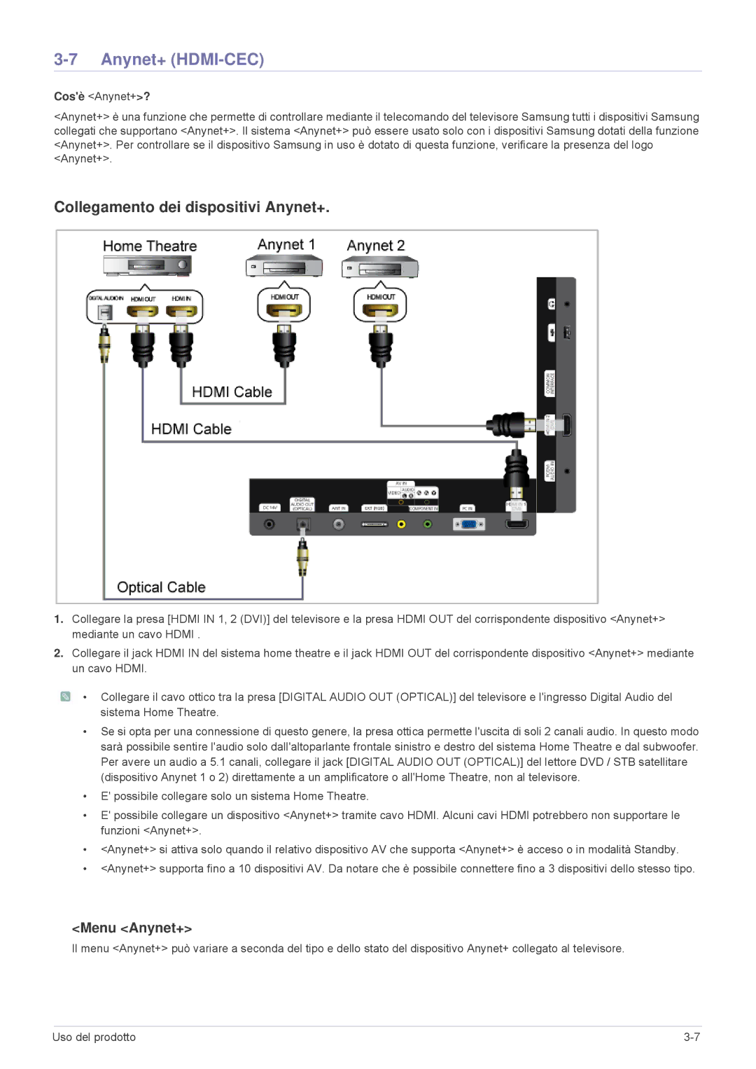 Samsung LS24F9DSM/EN, LS24F9DSME/EN Anynet+ HDMI-CEC, Collegamento dei dispositivi Anynet+, Menu Anynet+, Cosè Anynet+? 