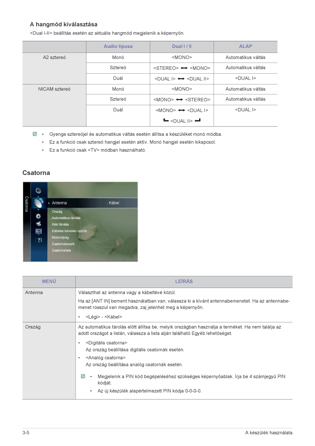 Samsung LS24F9DSM/XE, LS24F9DSM/EN manual Csatorna, Hangmód kiválasztása, Alap 