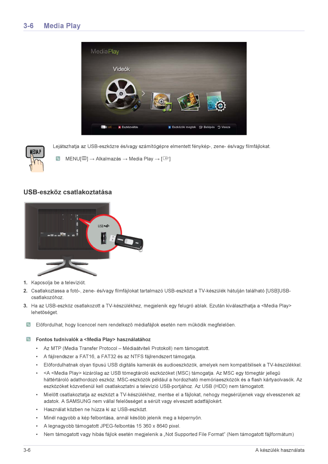 Samsung LS24F9DSM/XE, LS24F9DSM/EN manual USB-eszköz csatlakoztatása, Fontos tudnivalók a Media Play használatához 