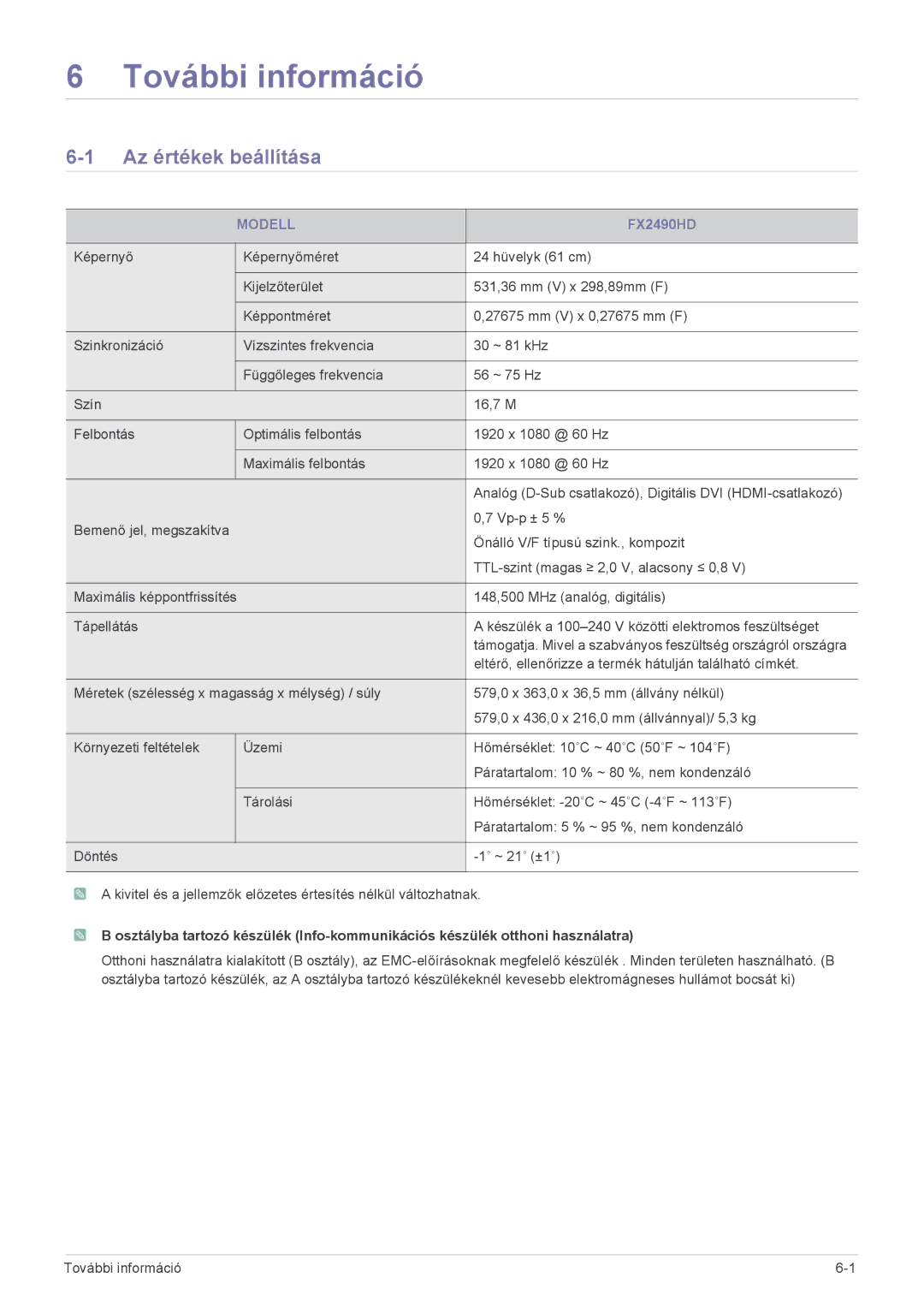 Samsung LS24F9DSM/EN, LS24F9DSM/XE manual Az értékek beállítása, Modell 