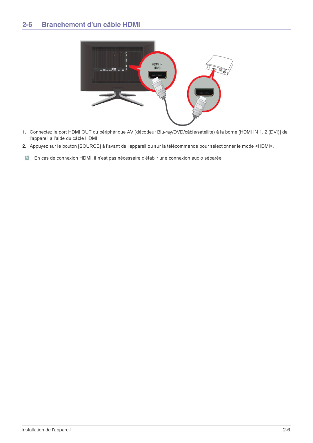 Samsung LS24F9DSM/EN manual Branchement dun câble Hdmi 