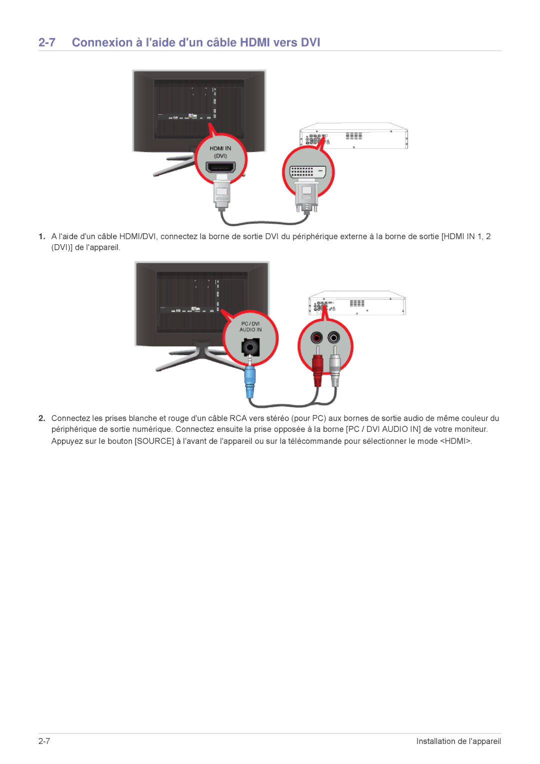 Samsung LS24F9DSM/EN manual Connexion à laide dun câble Hdmi vers DVI 