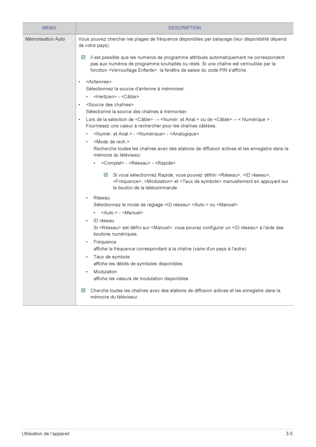 Samsung LS24F9DSM/EN Mémorisation Auto, De votre pays, Antennes, Sélectionnez la source dantenne à mémoriser, Mode de rech 