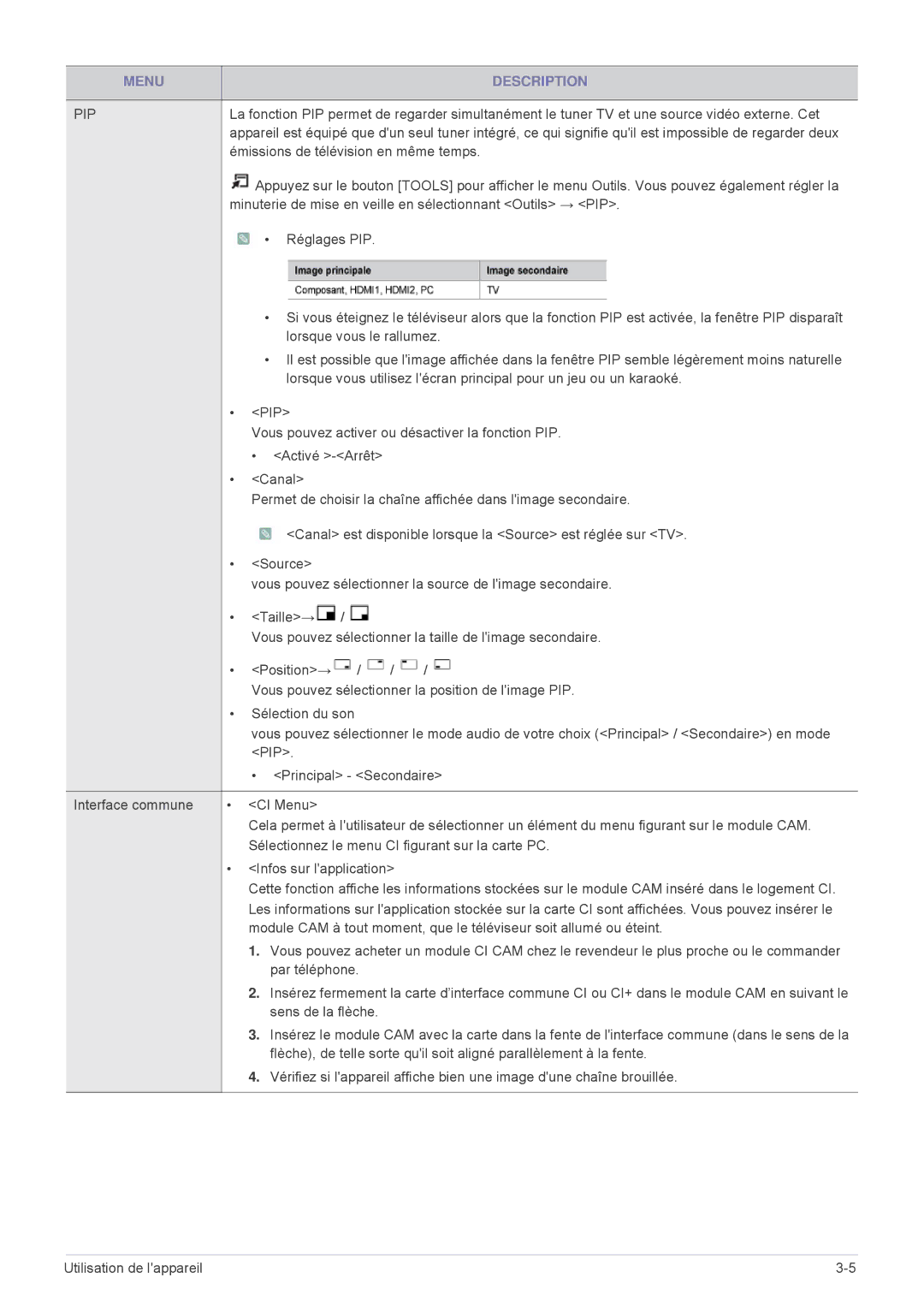 Samsung LS24F9DSM/EN Émissions de télévision en même temps, Minuterie de mise en veille en sélectionnant Outils → PIP 