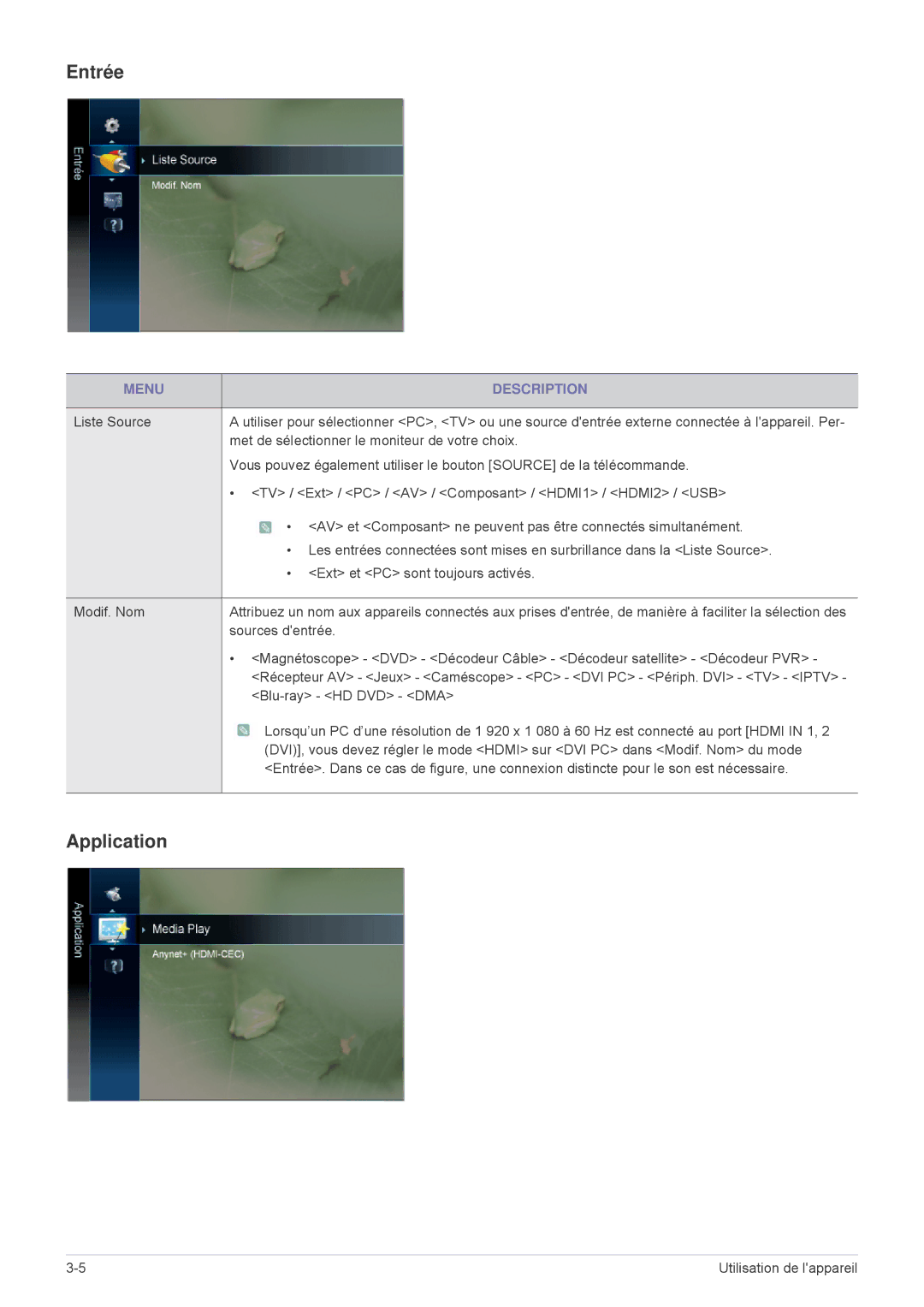 Samsung LS24F9DSM/EN manual Entrée, Application, Sources dentrée, Récepteur AV Jeux Caméscope PC DVI PC Périph. DVI TV Iptv 