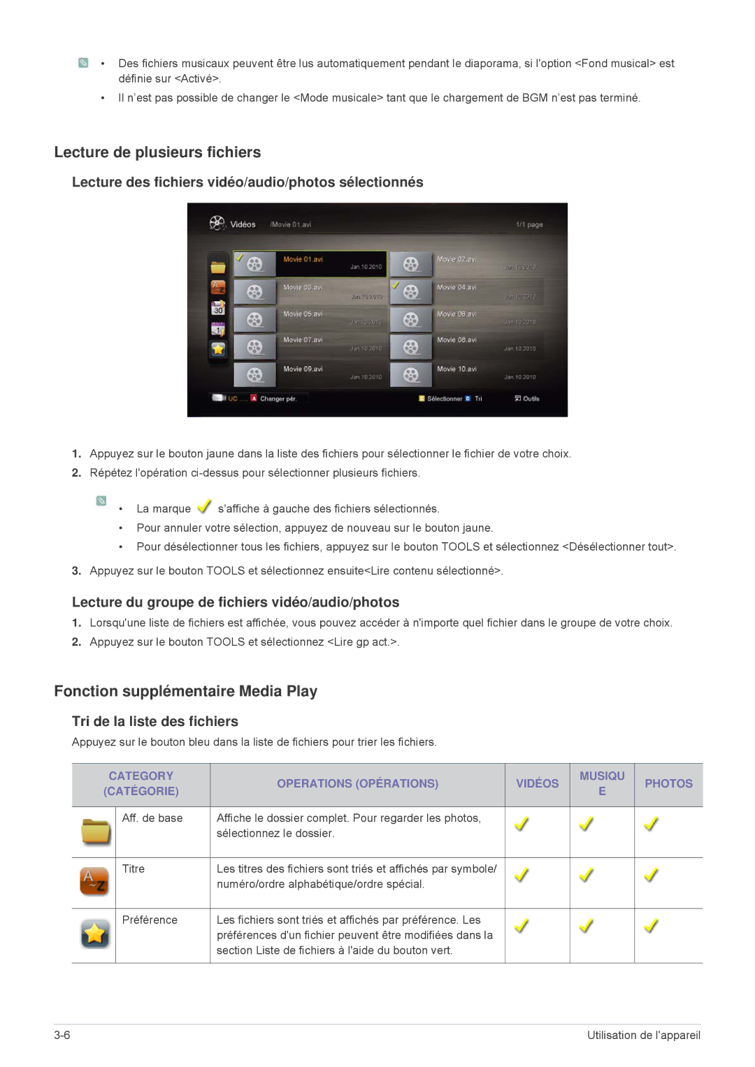 Samsung LS24F9DSM/EN manual Lecture de plusieurs fichiers, Fonction supplémentaire Media Play, Tri de la liste des fichiers 