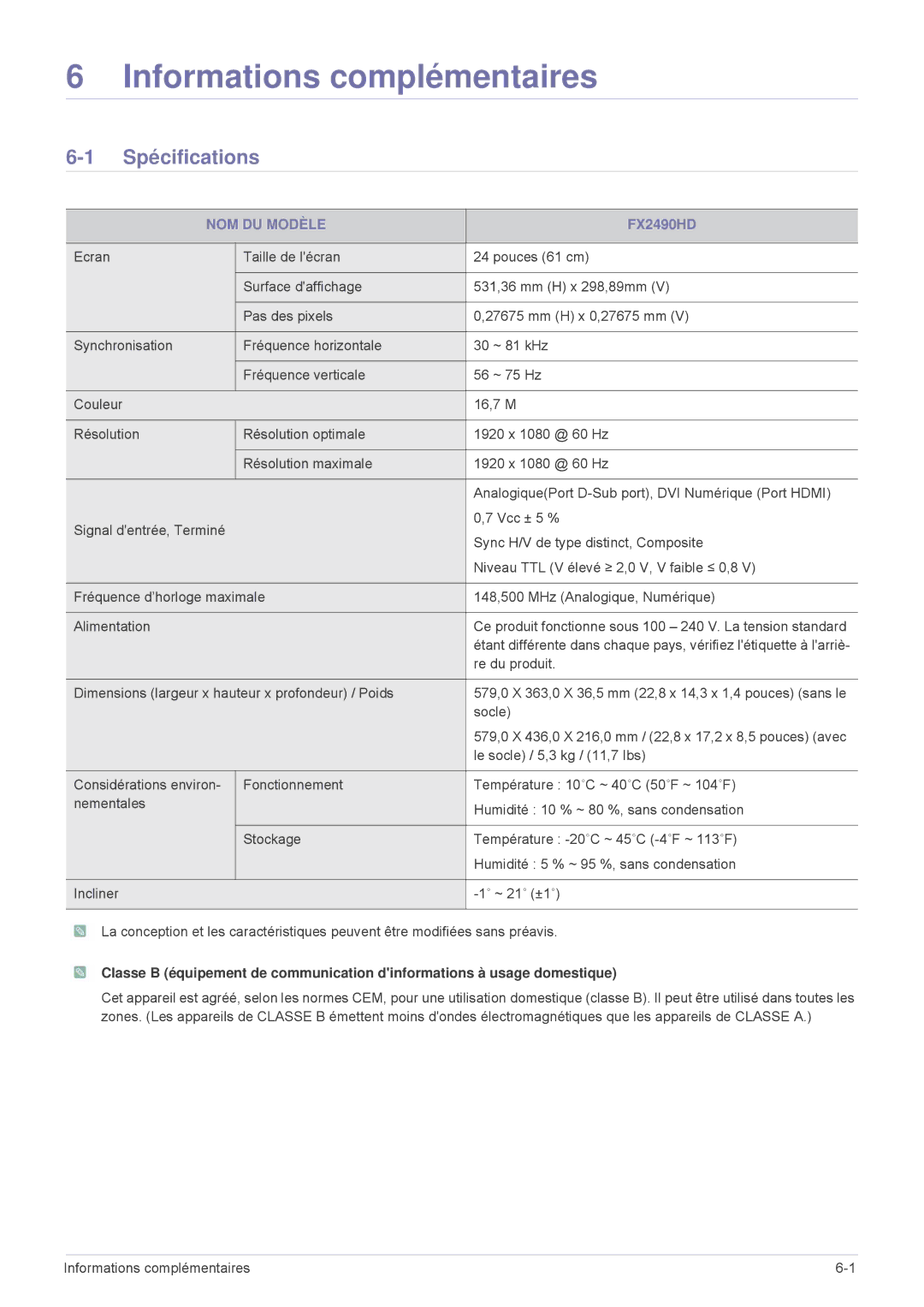 Samsung LS24F9DSM/EN manual Spécifications, NOM DU Modèle, 16,7 M, Re du produit, Informations complémentaires 