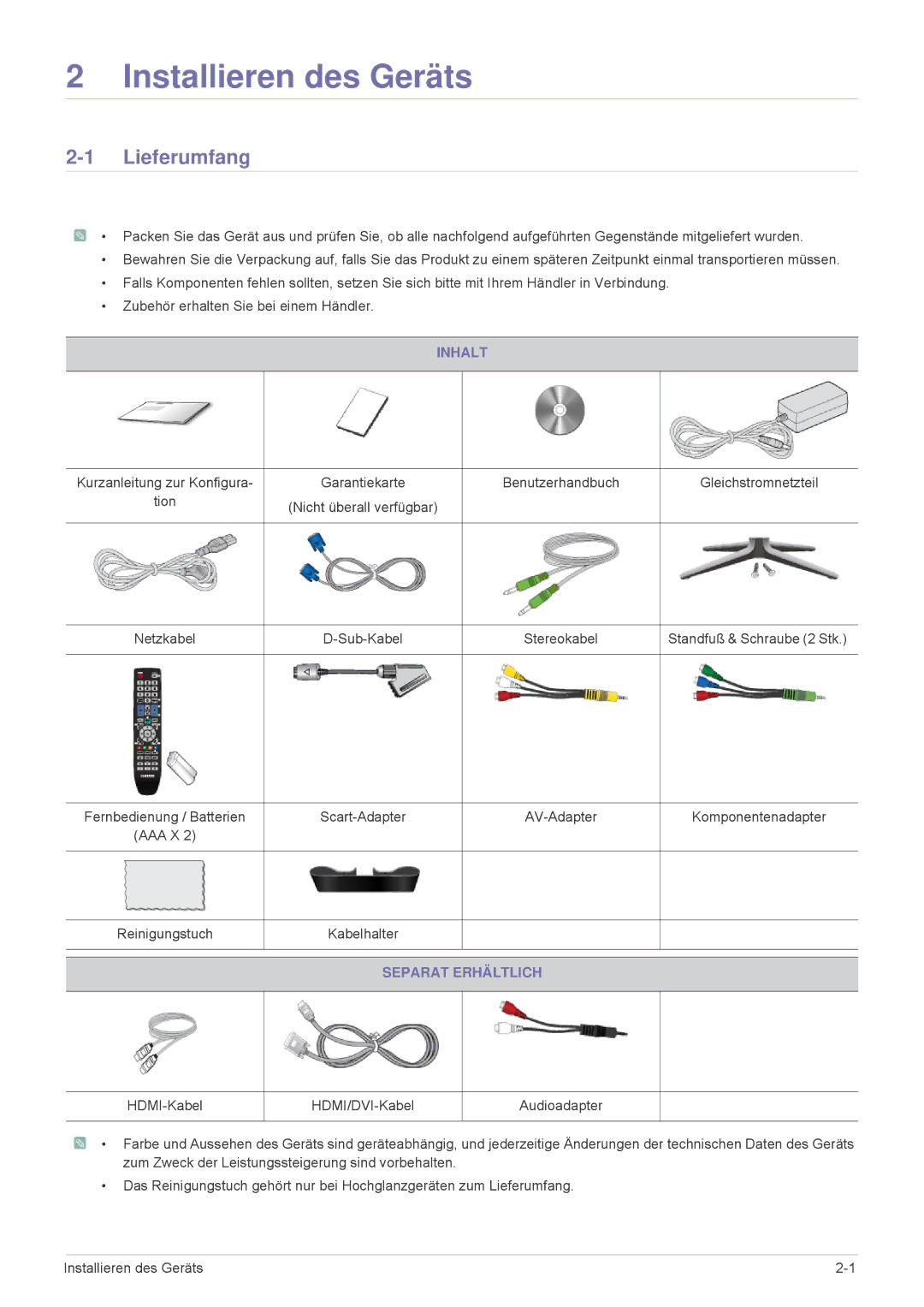 Samsung LS24F9DSM/EN manual Lieferumfang, Inhalt, Separat Erhältlich 