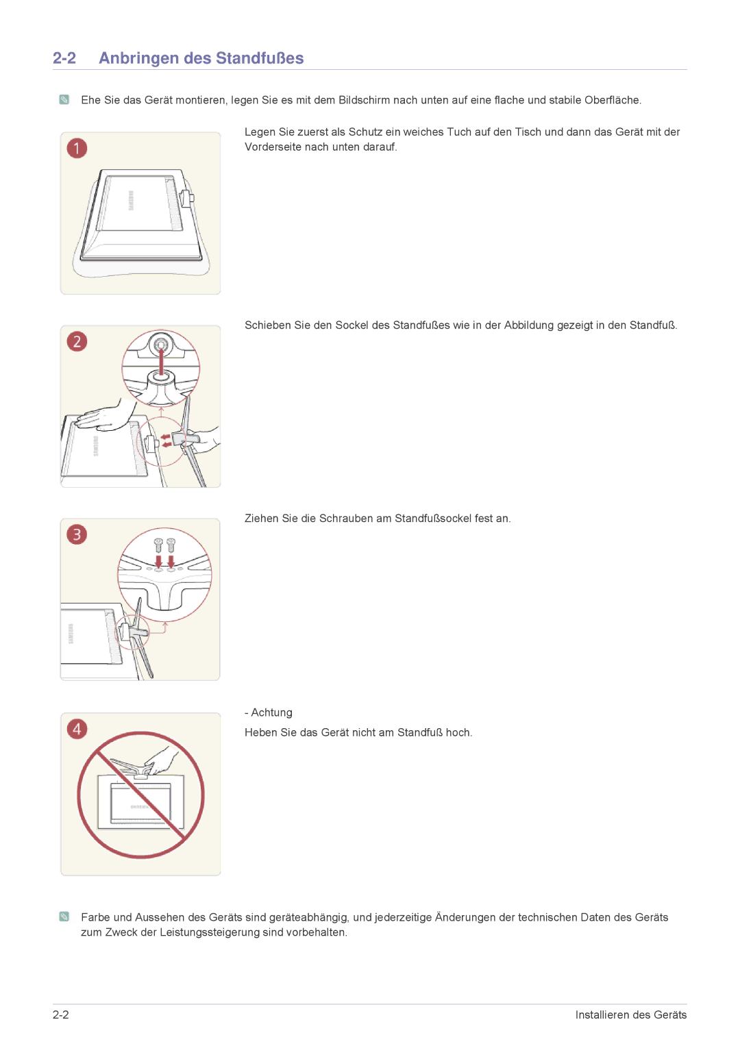 Samsung LS24F9DSM/EN manual Anbringen des Standfußes 