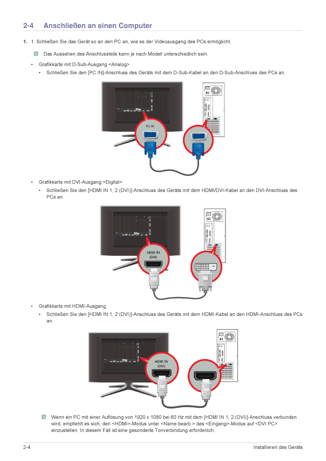 Samsung LS24F9DSM/EN manual Anschließen an einen Computer 