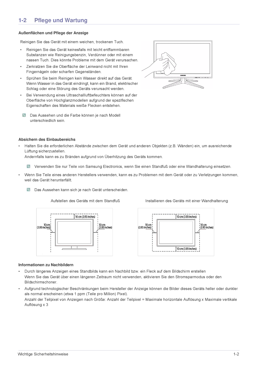 Samsung LS24F9DSM/EN manual Pflege und Wartung, Außenflächen und Pflege der Anzeige, Absichern des Einbaubereichs 