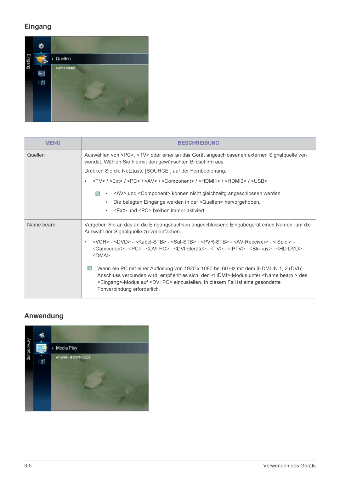 Samsung LS24F9DSM/EN manual Eingang, Anwendung 