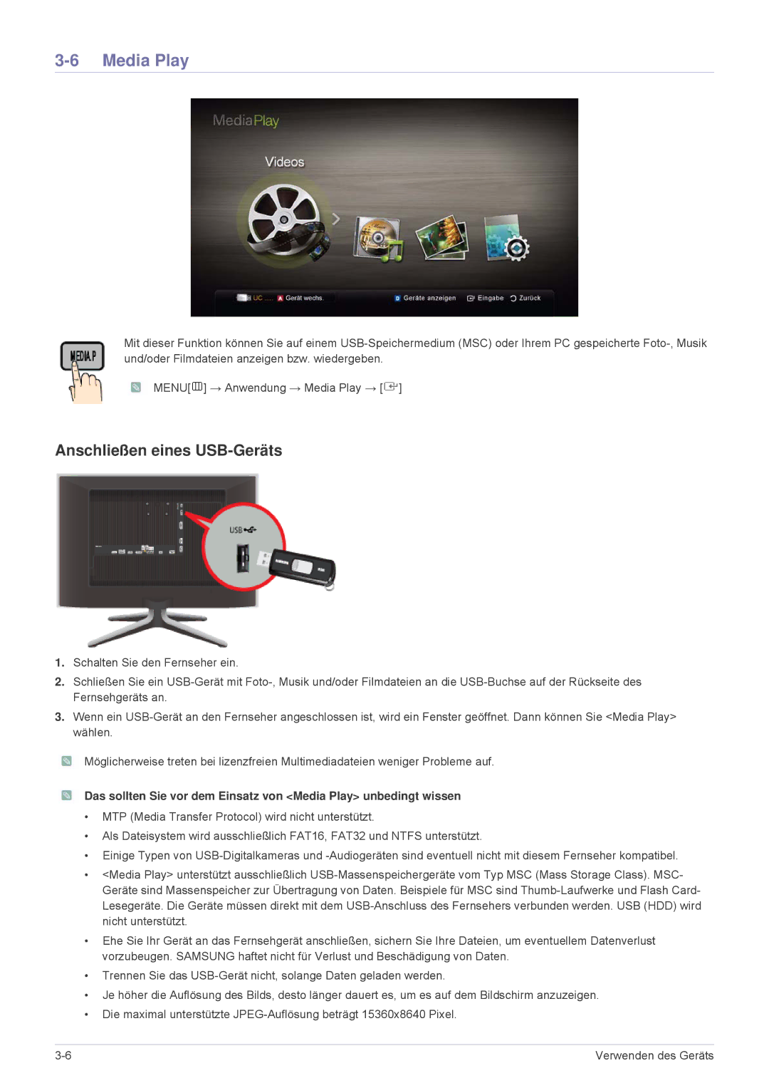 Samsung LS24F9DSM/EN manual Media Play, Anschließen eines USB-Geräts 