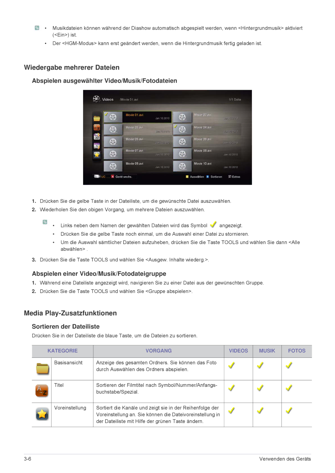 Samsung LS24F9DSM/EN Wiedergabe mehrerer Dateien, Media Play-Zusatzfunktionen, Abspielen einer Video/Musik/Fotodateigruppe 