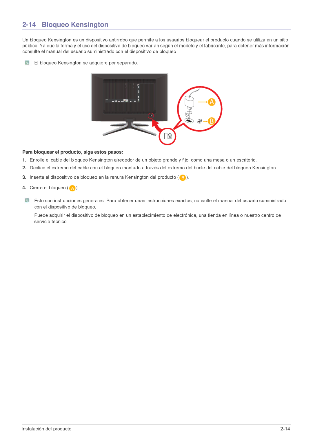 Samsung LS24F9DSM/EN manual Bloqueo Kensington, Para bloquear el producto, siga estos pasos 