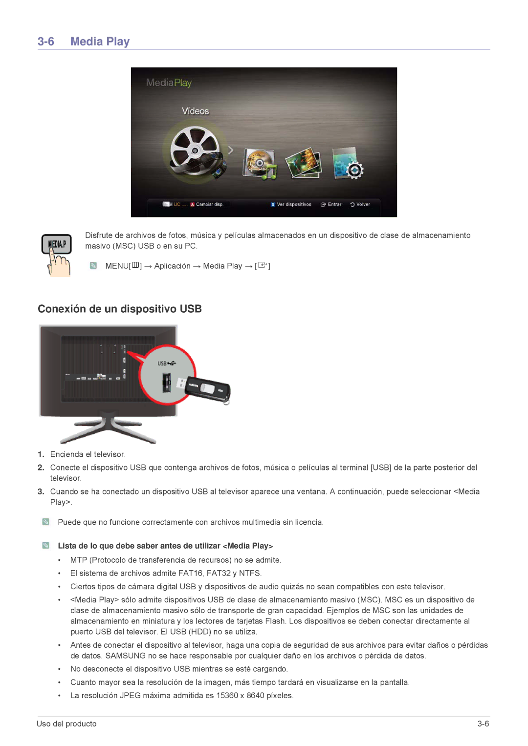 Samsung LS24F9DSM/EN manual Conexión de un dispositivo USB, Lista de lo que debe saber antes de utilizar Media Play 