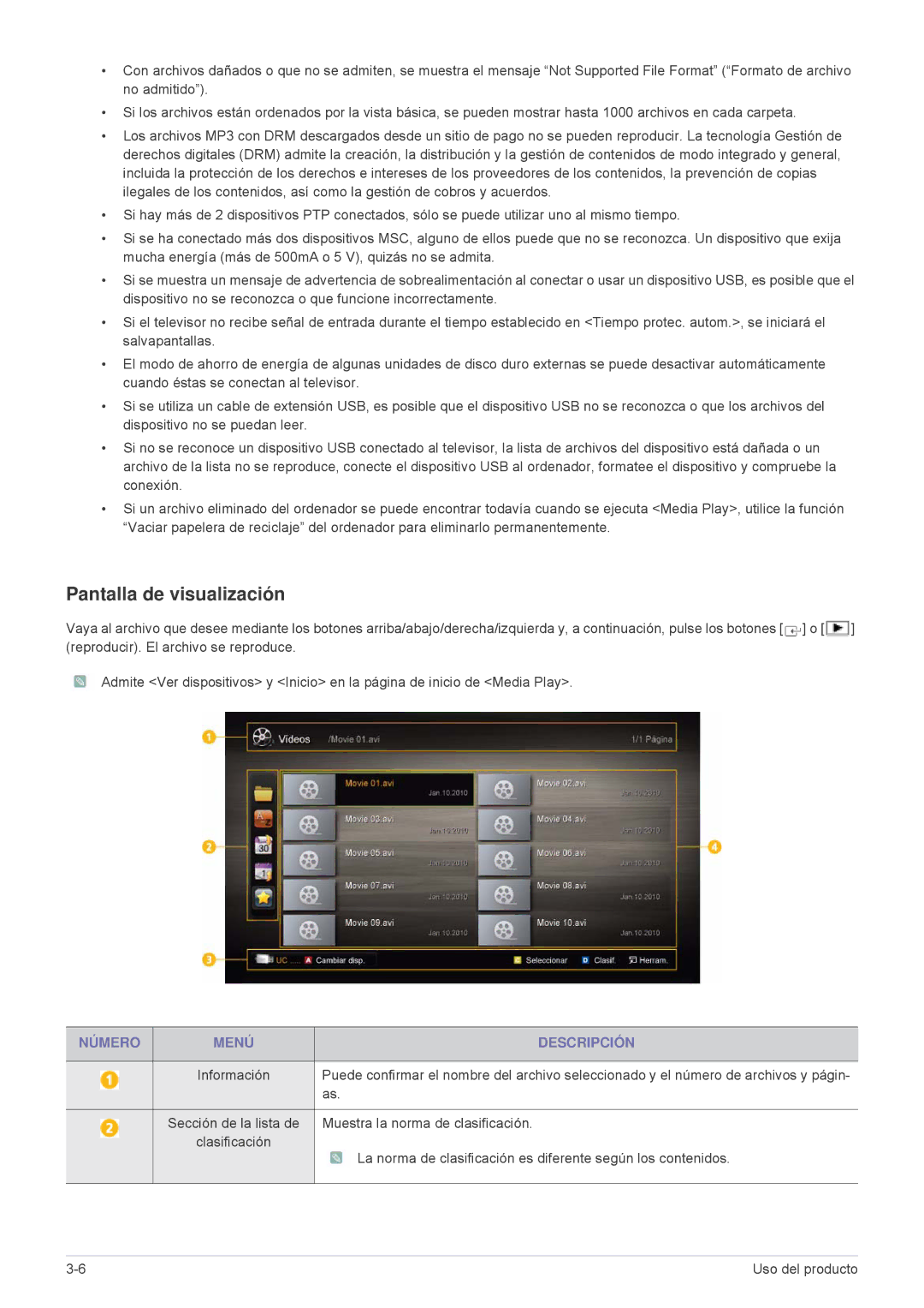 Samsung LS24F9DSM/EN manual Pantalla de visualización, Número Menú Descripción, Muestra la norma de clasificación 