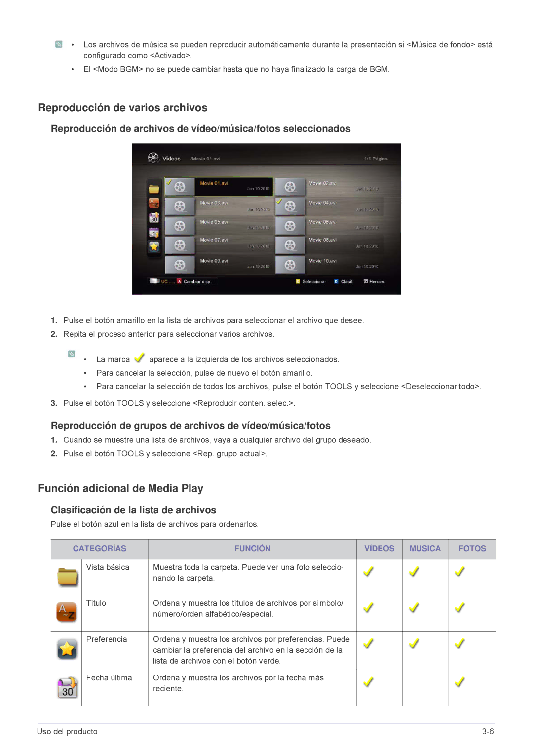 Samsung LS24F9DSM/EN manual Reproducción de varios archivos, Función adicional de Media Play 