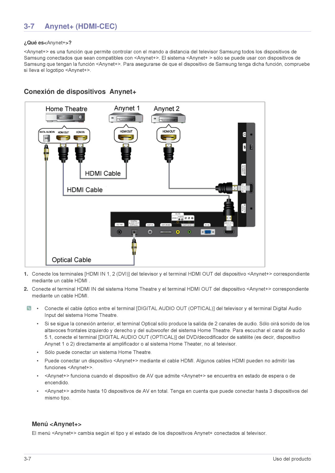 Samsung LS24F9DSM/EN manual Anynet+ HDMI-CEC, Conexión de dispositivos Anynet+, Menú Anynet+, ¿Qué esAnynet+? 