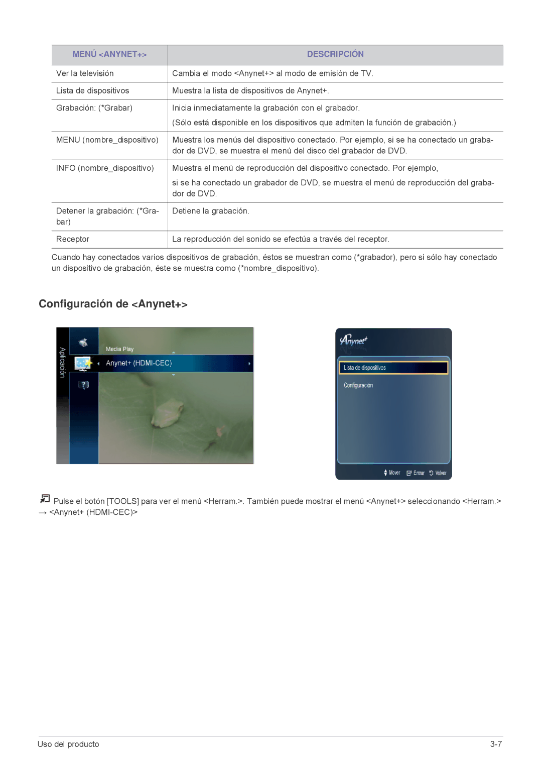 Samsung LS24F9DSM/EN manual Configuración de Anynet+, Menú ANYNET+ Descripción, Dor de DVD 