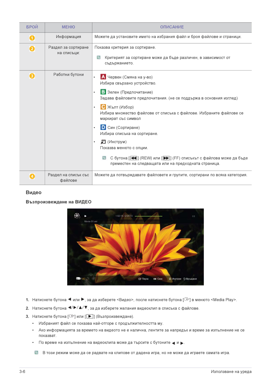 Samsung LS24F9DSM/EN manual Видео, Брой Меню Описание 