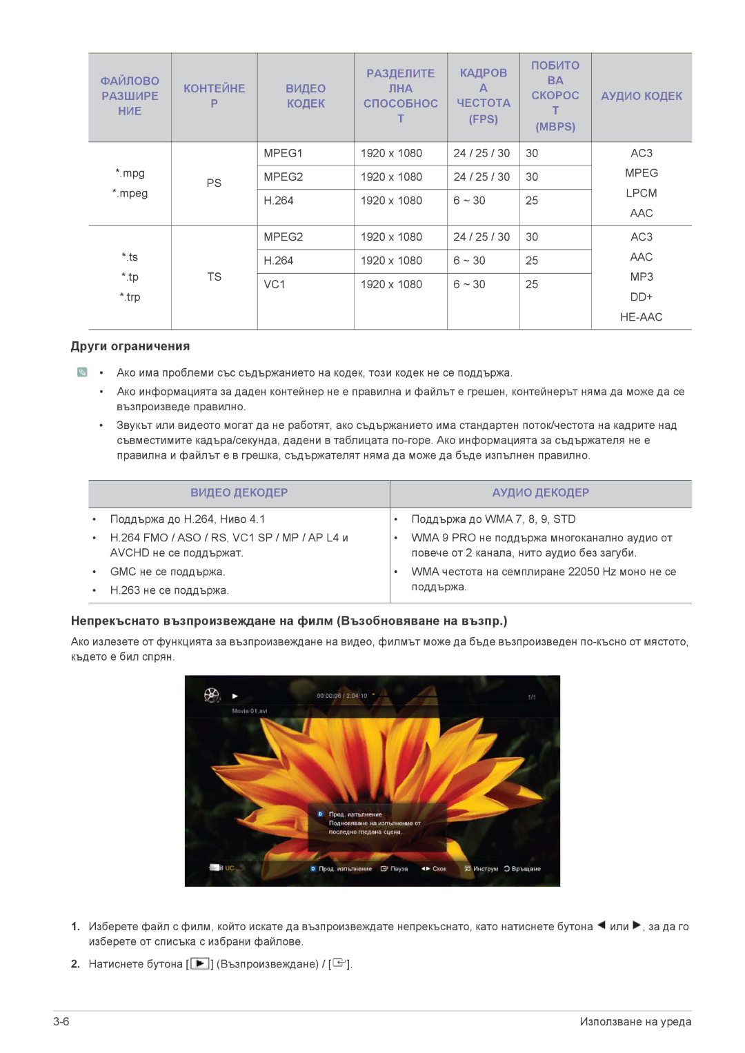 Samsung LS24F9DSM/EN manual Други ограничения, Видео Декодер Аудио Декодер 