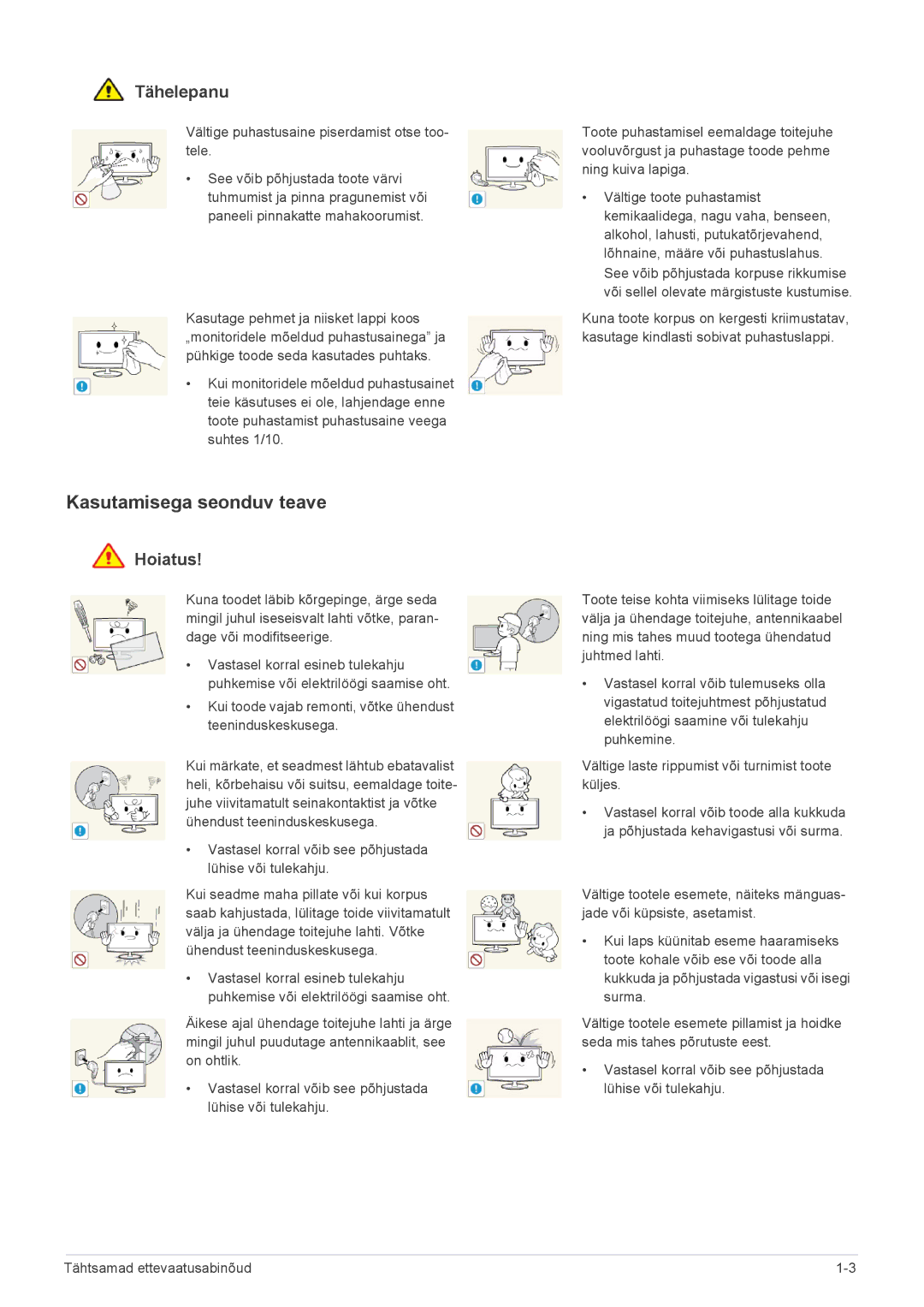 Samsung LS24F9DSM/EN manual Kasutamisega seonduv teave, Vältige puhastusaine piserdamist otse too- tele 