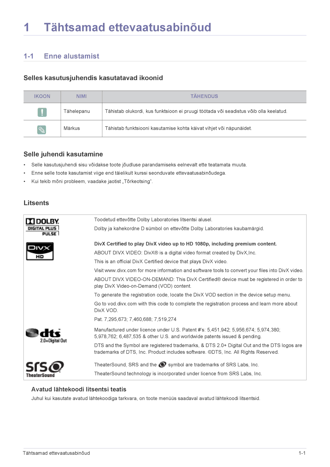 Samsung LS24F9DSM/EN manual Enne alustamist, Selles kasutusjuhendis kasutatavad ikoonid, Selle juhendi kasutamine, Litsents 