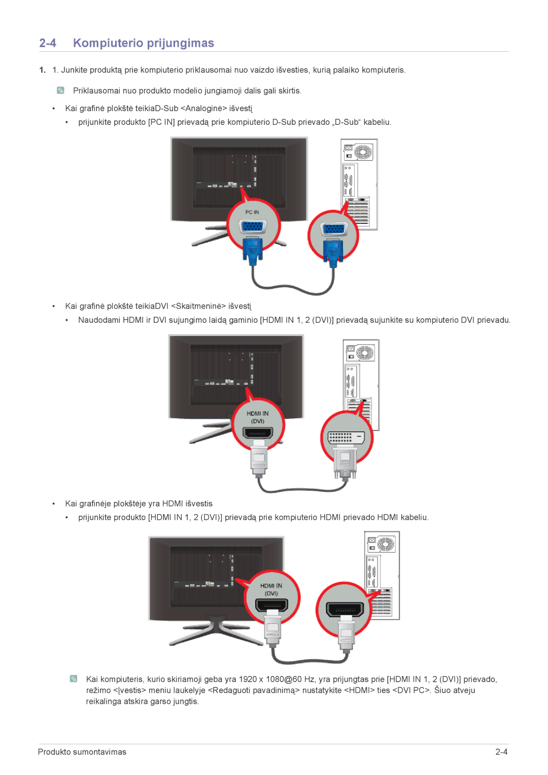 Samsung LS24F9DSM/EN manual Kompiuterio prijungimas 