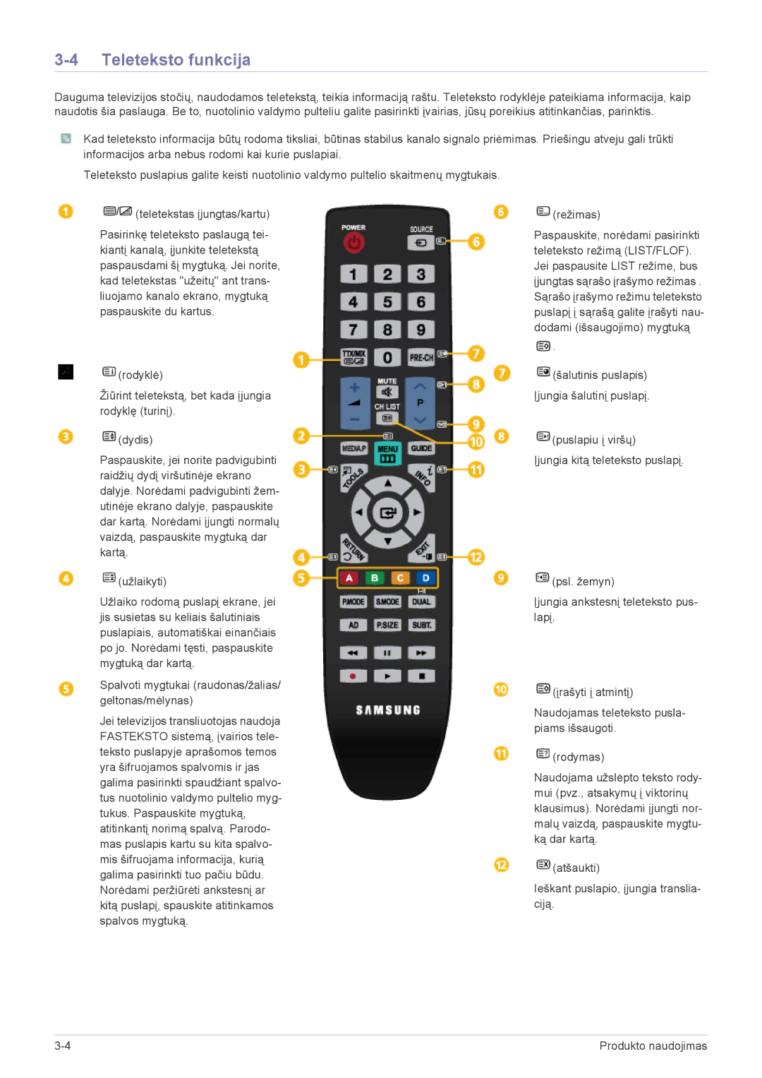 Samsung LS24F9DSM/EN manual Teleteksto funkcija, Spalvoti mygtukai raudonas/žalias/ geltonas/mėlynas, Režimas 